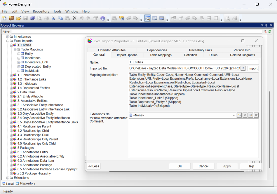 A PowerDesigner screenshot of the Excel imports for FIB-DM with the Entities MDS properties.